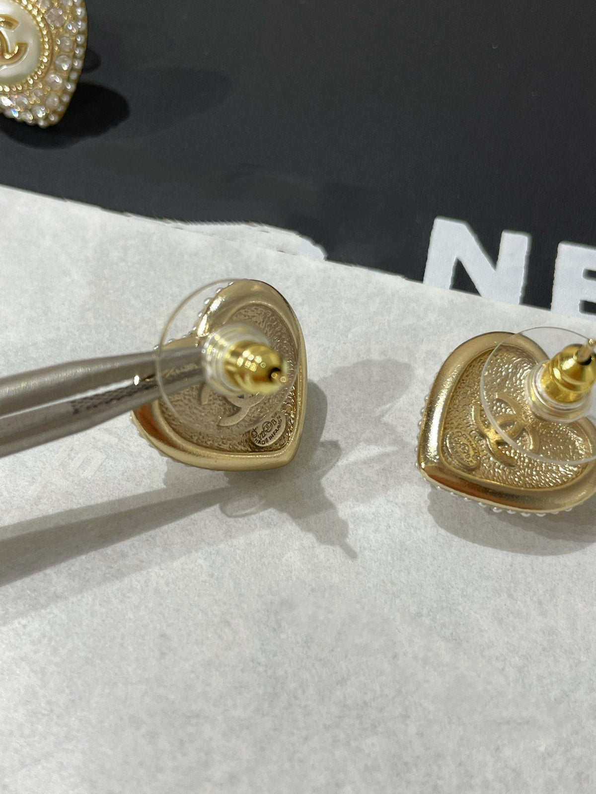 Chanel Heart Cubic Zirconia Paved MOP Stud Earrings
